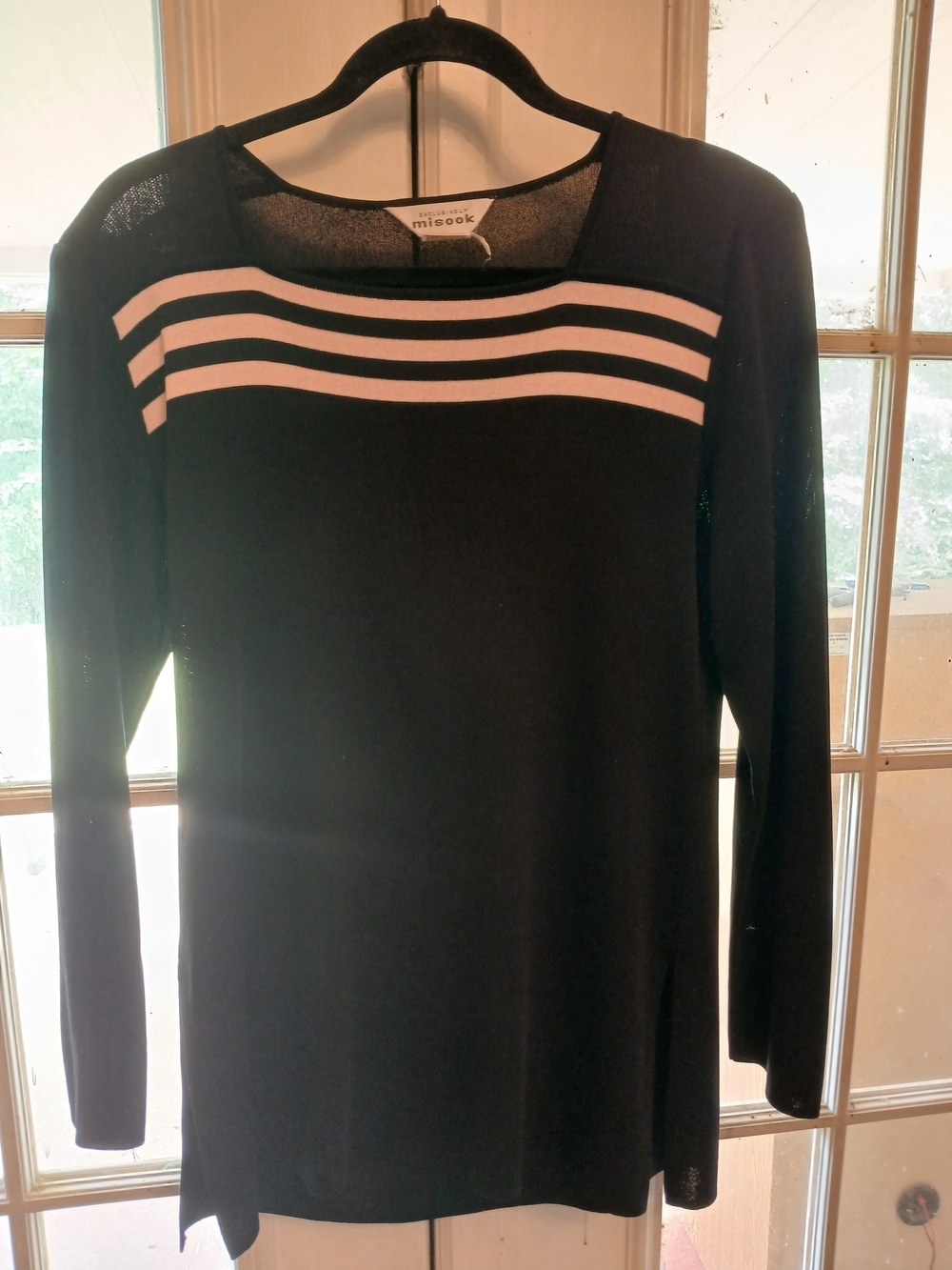 Misook Black Top with White Striped Yoke